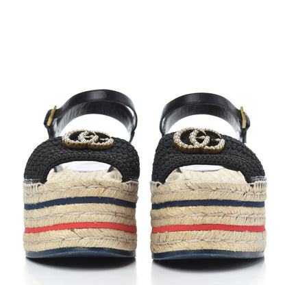 Gucci Cotton Malaga Kid Crochet Pearly GG Lilibeth Espadrille Platform Sandals 36 Black 2 of 18