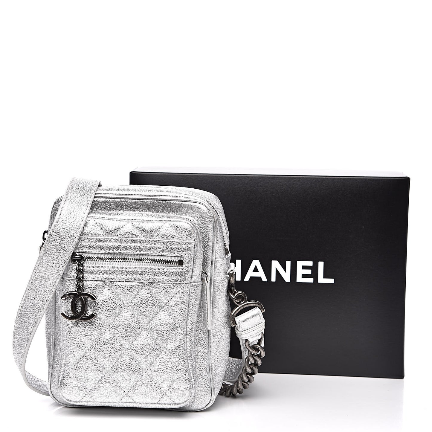 Metallic Calfskin Camera Case Silver