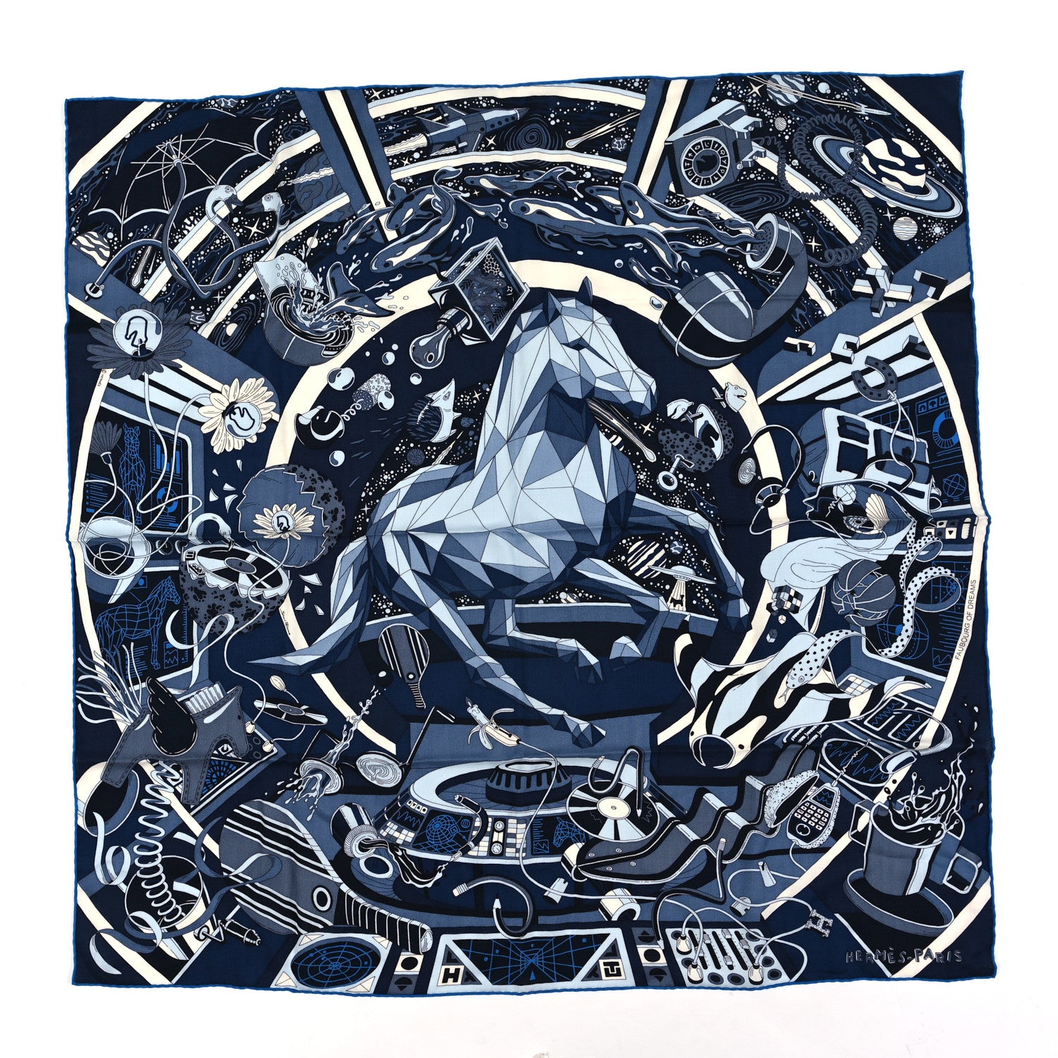 Hermes Cashmere Silk Faubourg Of Dreams Scarf 100 Indigo Ciel Marine 1 of 3
