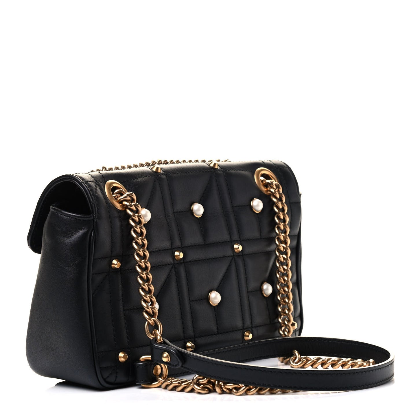 Calfskin Matelasse Studded Small Pearly GG Marmont Shoulder Bag Black