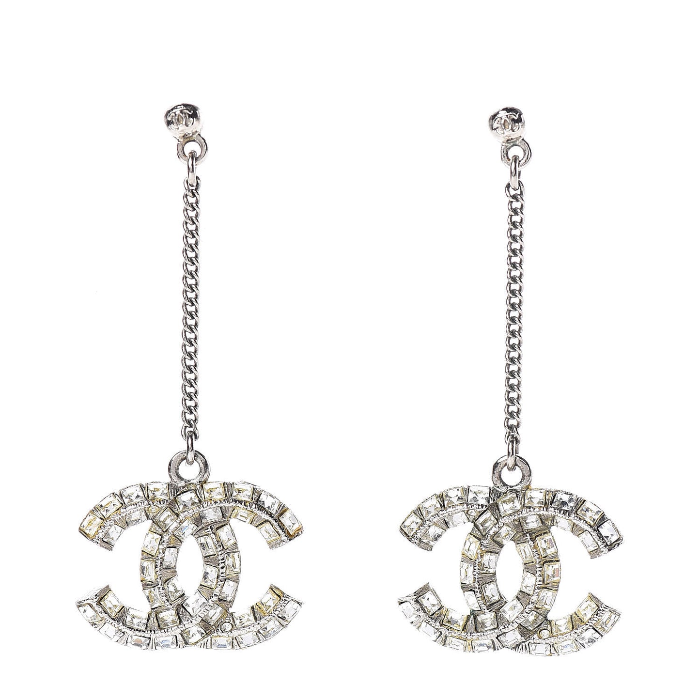Baguette Crystal CC Drop Earrings Silver