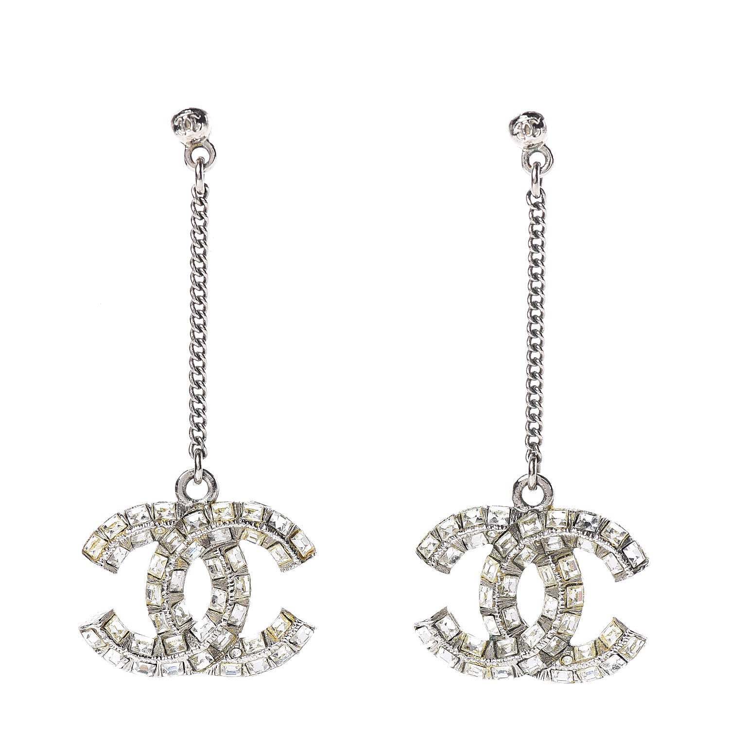 Chanel Baguette Crystal CC Drop Earrings Silver 1 of 4