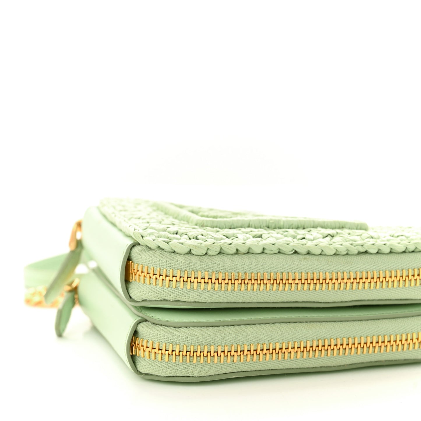 Raffia Calfskin Crochet Logo Embroidered Mini Triangle Crossbody Pouch Acqua