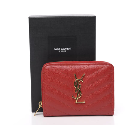 Saint Laurent Grain De Poudre Matelasse Chevron Monogram Compact Zip Around Wallet Red 7 of 7
