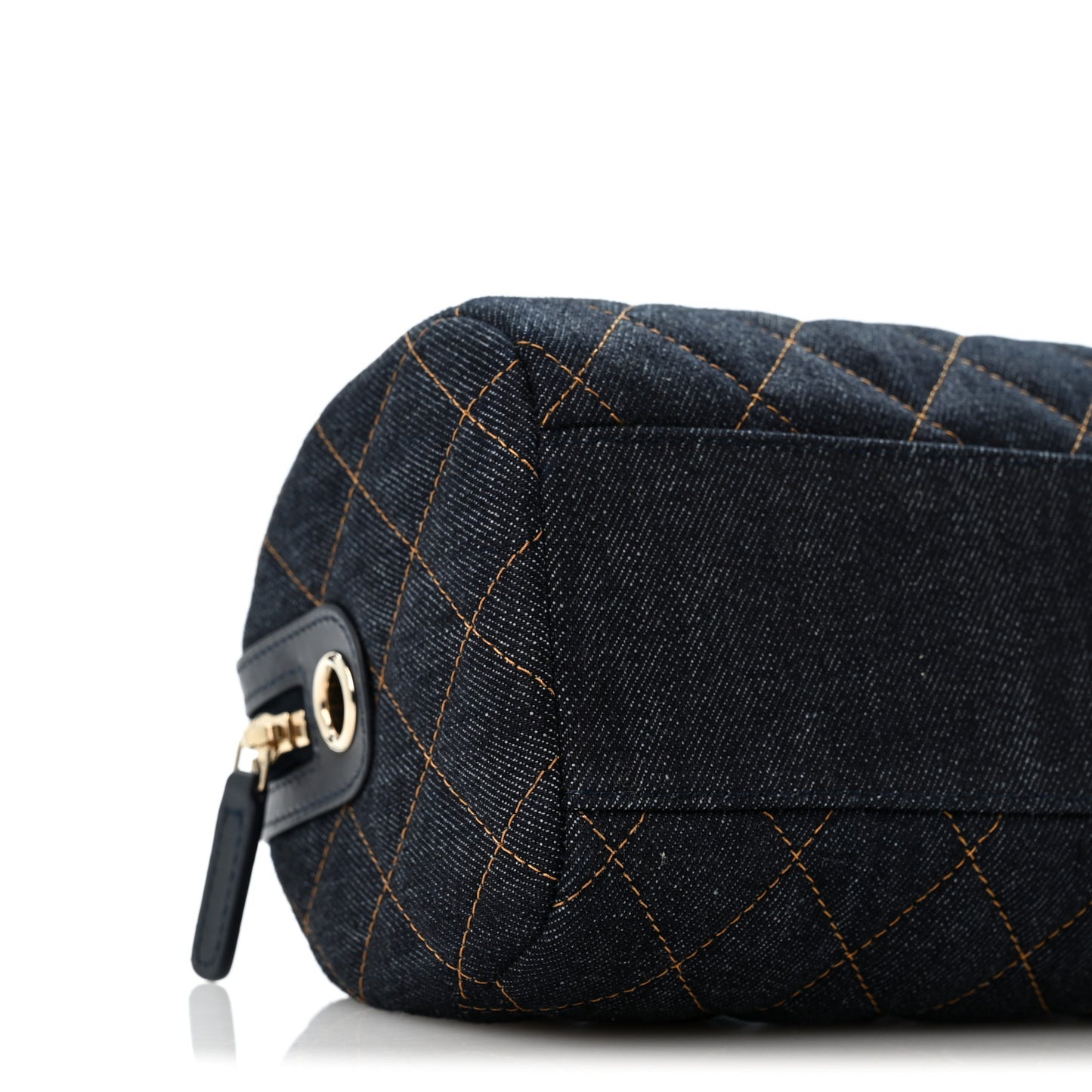 Denim Quilted Barrel Clutch With Chain Dark Blue Orange