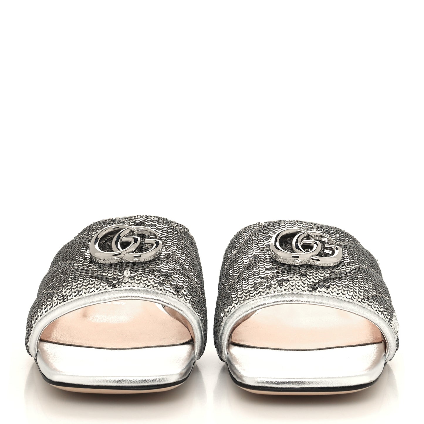Sequin Metallic Nappa GG Marmont Flat Slide Sandals 40 Silver