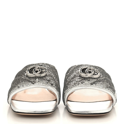 Gucci Sequin Metallic Nappa GG Marmont Flat Slide Sandals 40 Silver 2 of 10