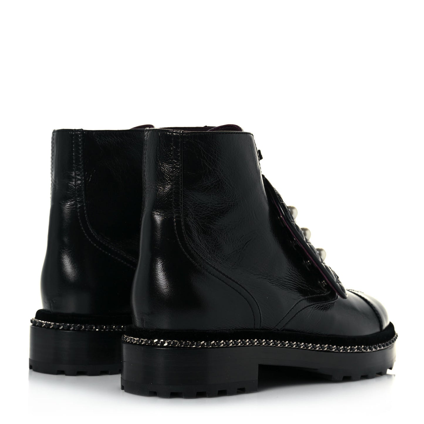 Crackled Calfskin Velvet Pearl Combat Short Boots 39 Black