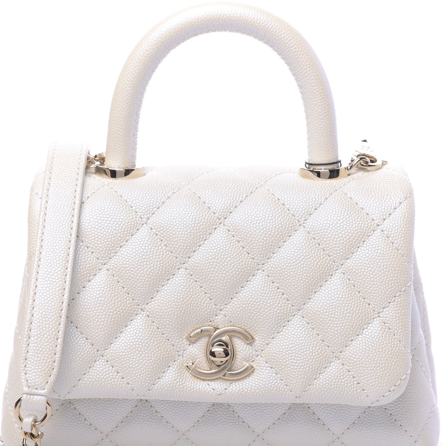 Iridescent Caviar Quilted Extra Mini Coco Handle Flap White