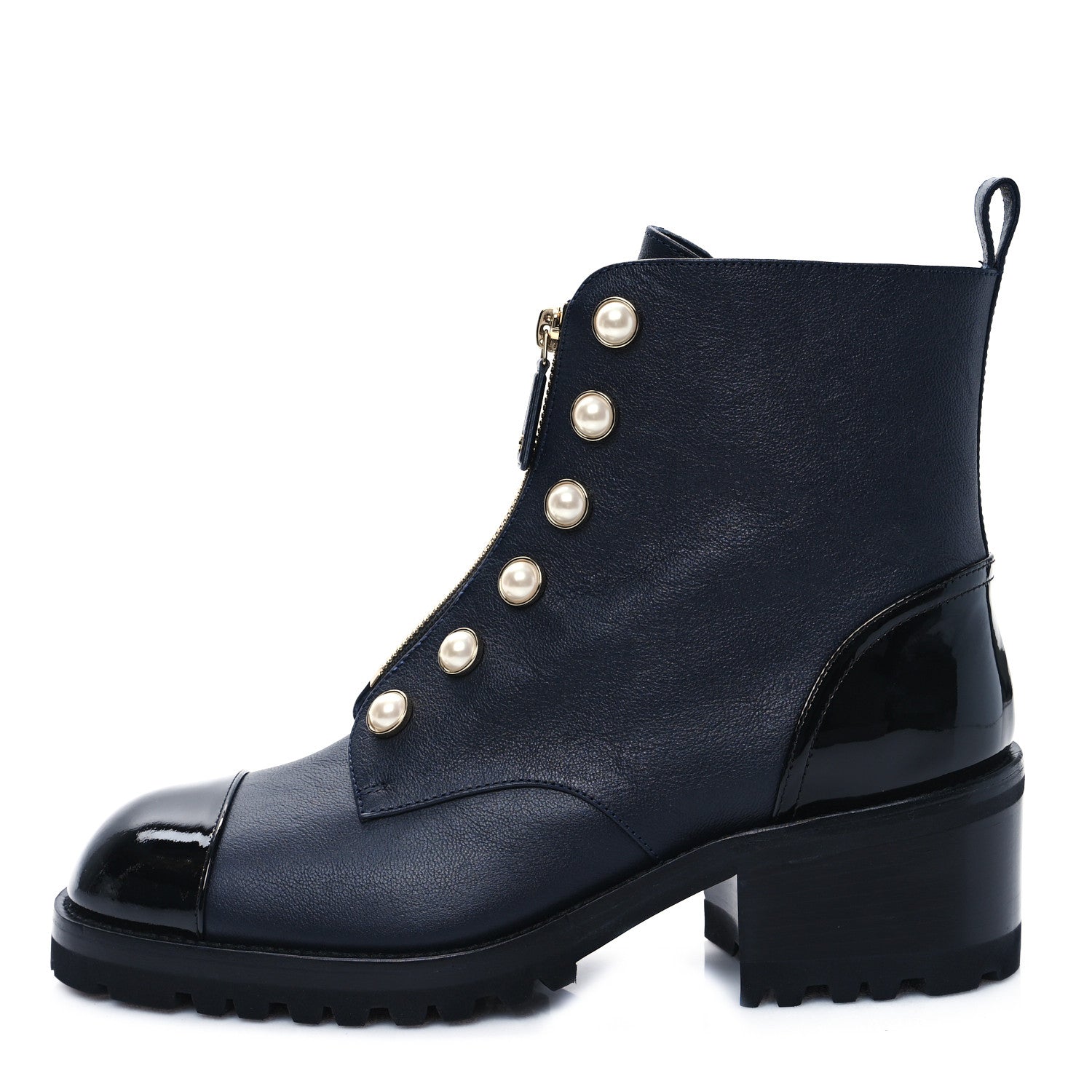 Chanel Grained Calfskin Patent Pearl Combat Ankle Boots 41 Dark Navy Blue Black 1 of 10