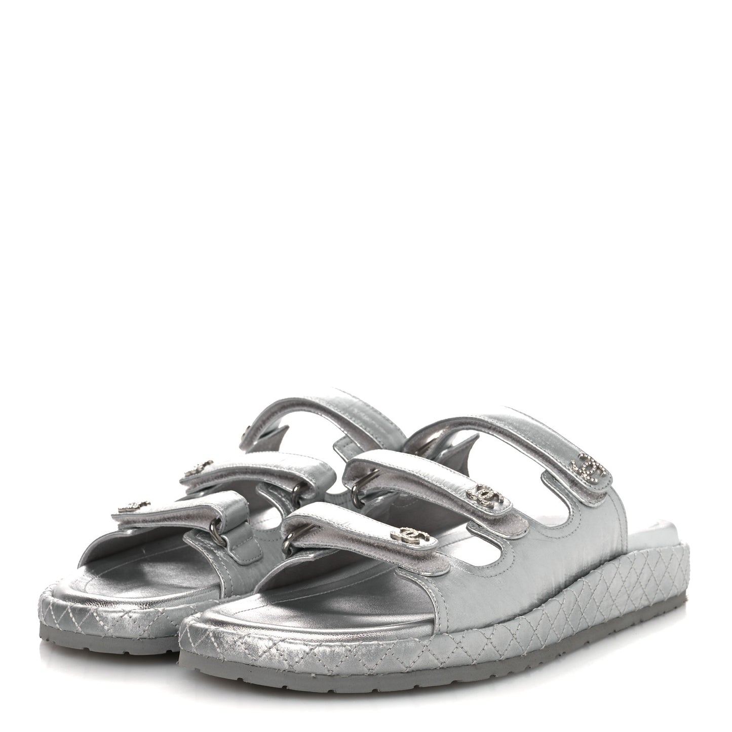 Laminated Lambskin Quilted Velcro Crystal CC Dad Slide Sandals Silver 37.5 Silver