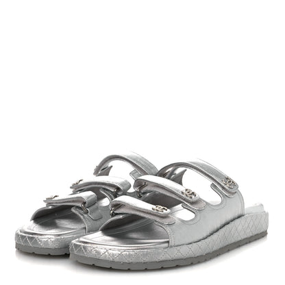 Chanel Laminated Lambskin Quilted Velcro Crystal CC Dad Slide Sandals Silver 37.5 Silver 4 of 11