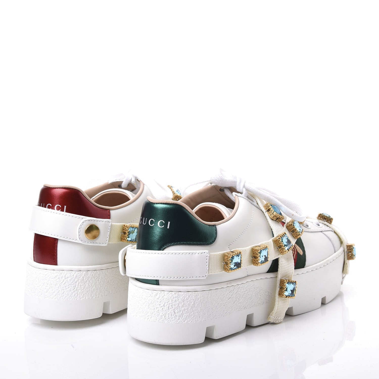 Gucci Calfskin Removable Crystals Bee Embroidered Ace Platform Sneakers 37 White 4 of 11