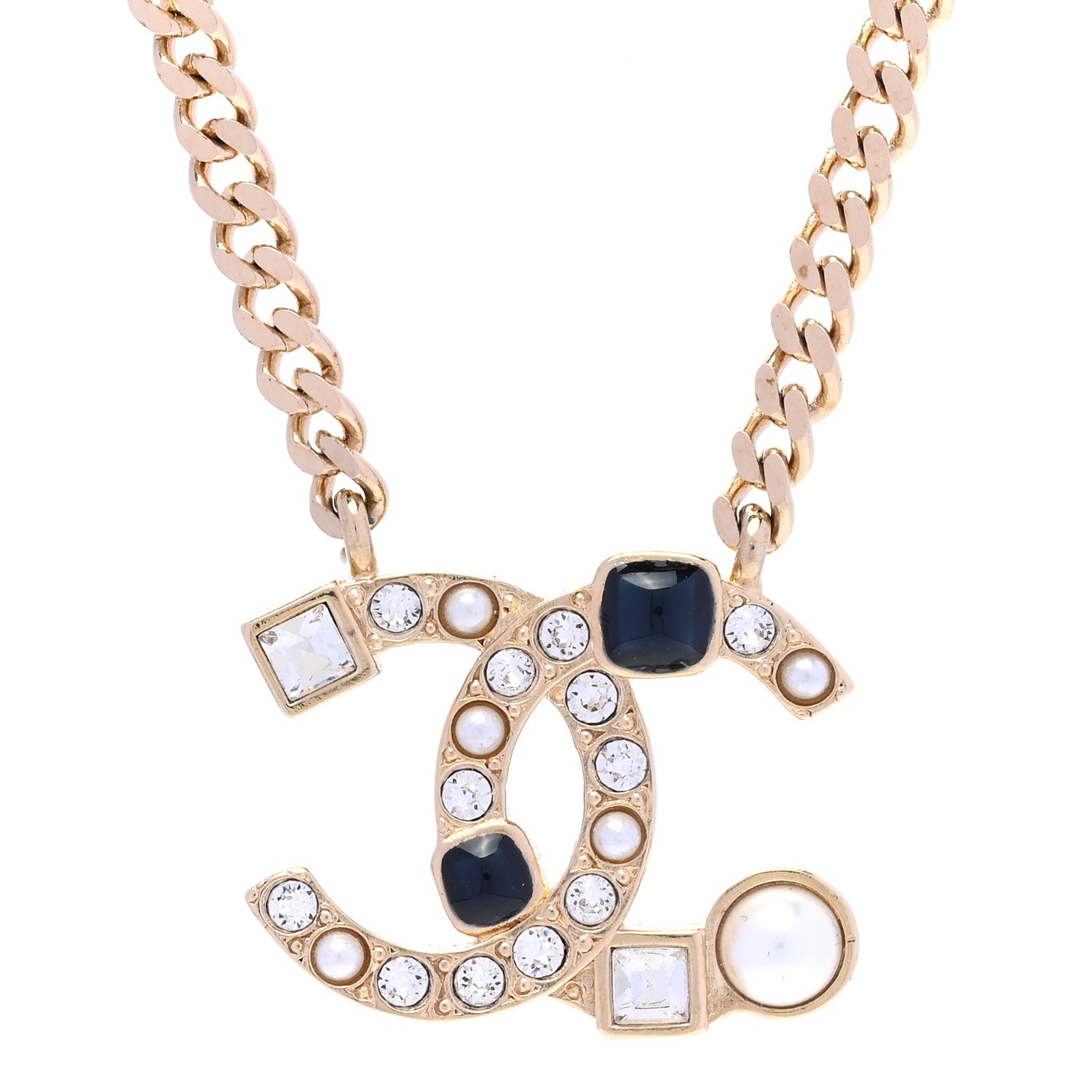 Chanel Crystal Pearl Resin CC Chain Necklace Gold Pearly White Black 4 of 6