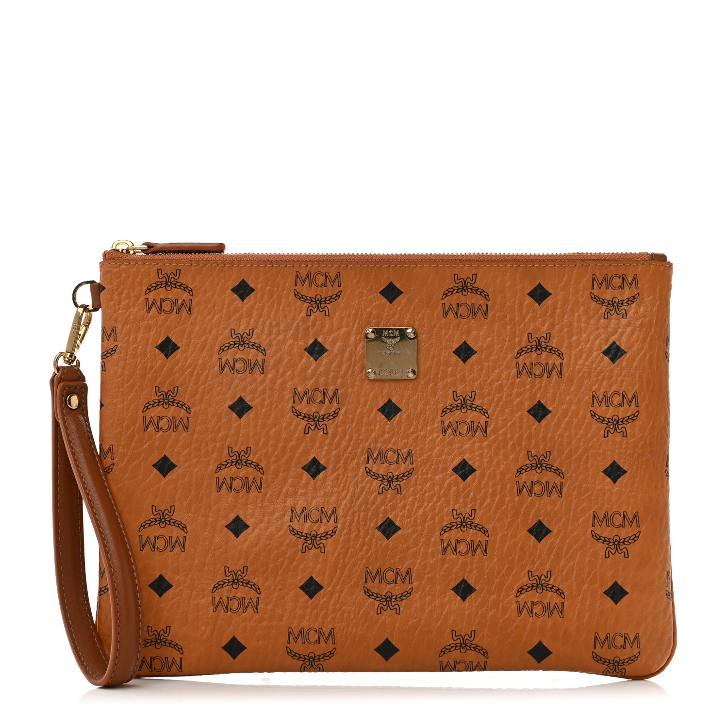 MCM Visetos Large Stark Wristlet Pouch Cognac 1 of 8