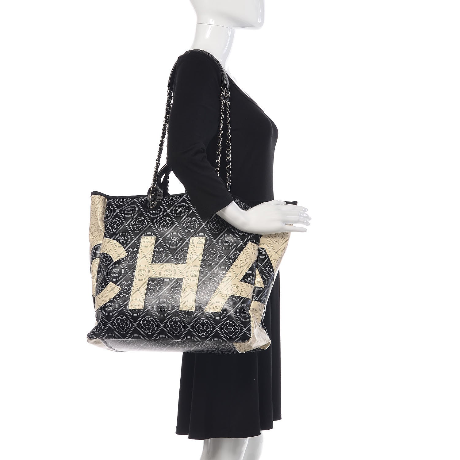 Chanel Coated Canvas Camellia Medium Shopping Tote Black Beige 3 of 10