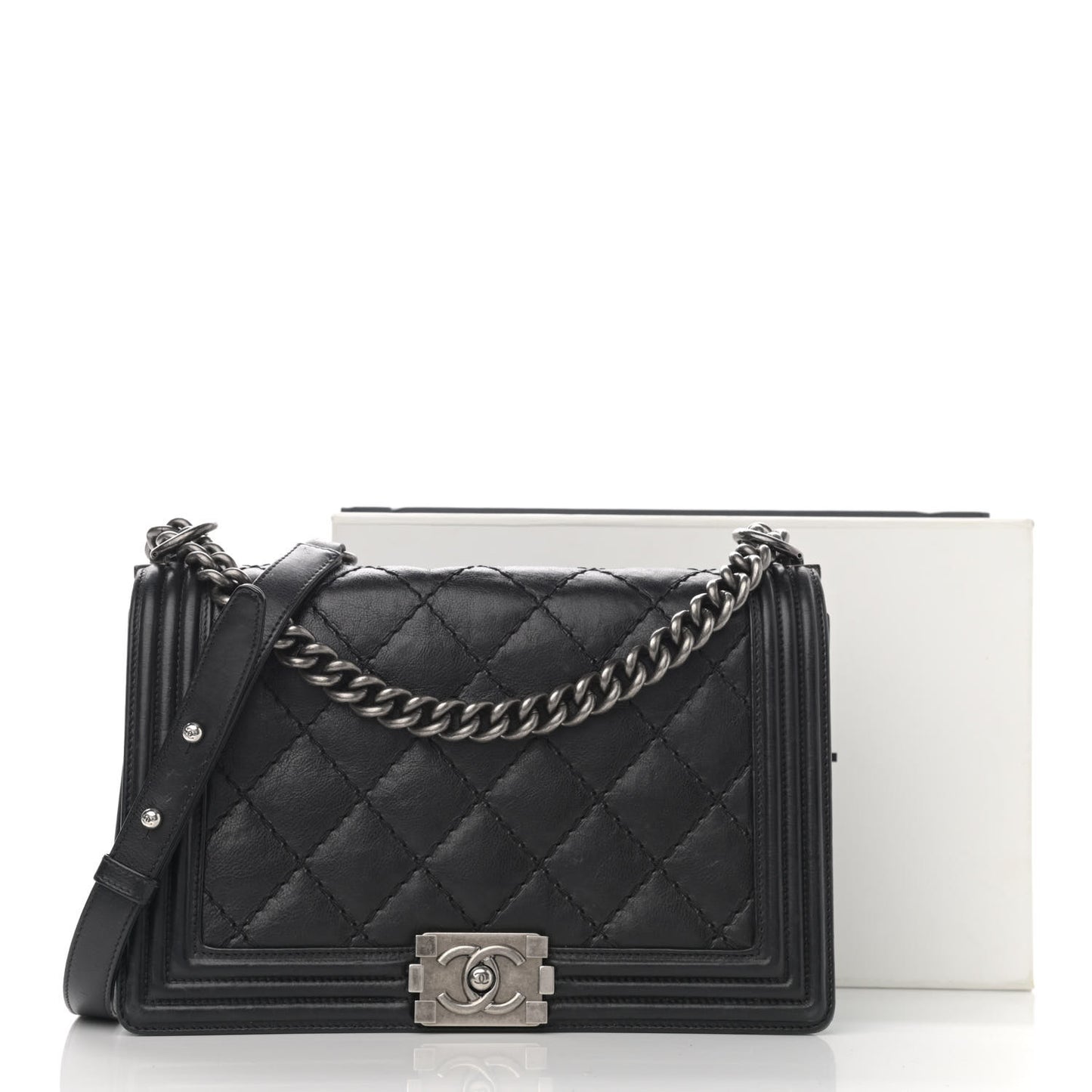 Calfskin Quilted Double Stitch New Medium Boy Flap Black