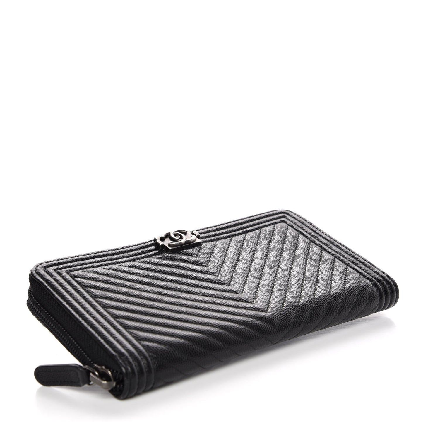Caviar Chevron Quilted Zip Around Boy Wallet Black