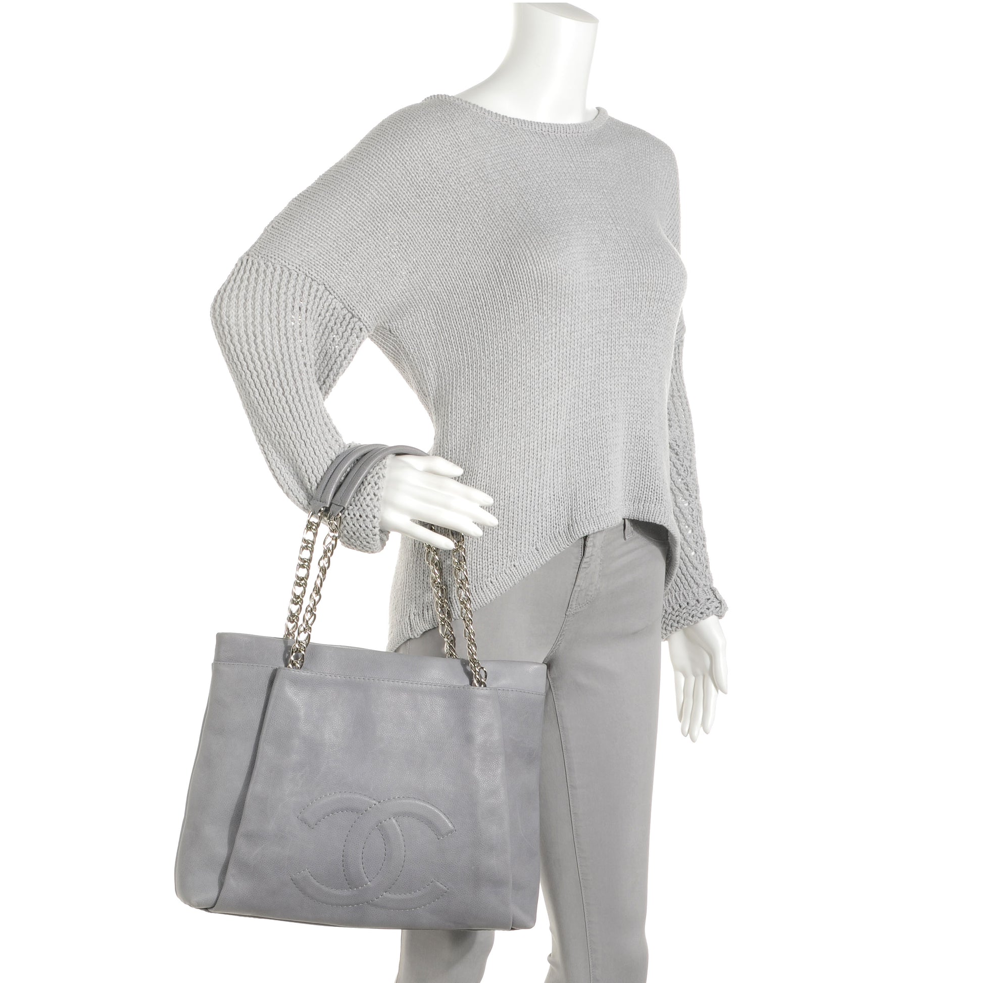 Chanel Caviar Large CC Tuck Tote Grey 2 of 7