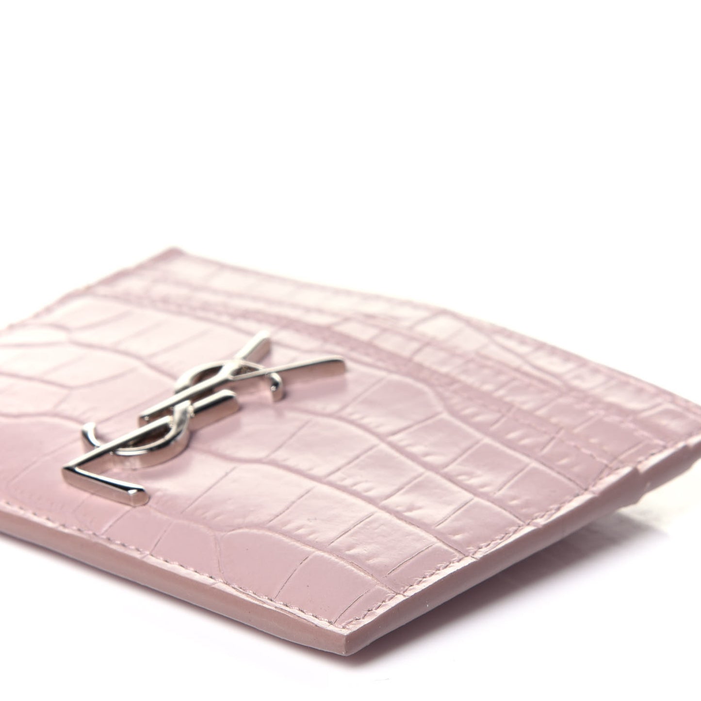 Calfskin Crocodile Embossed Monogram Card Case Rose Antic