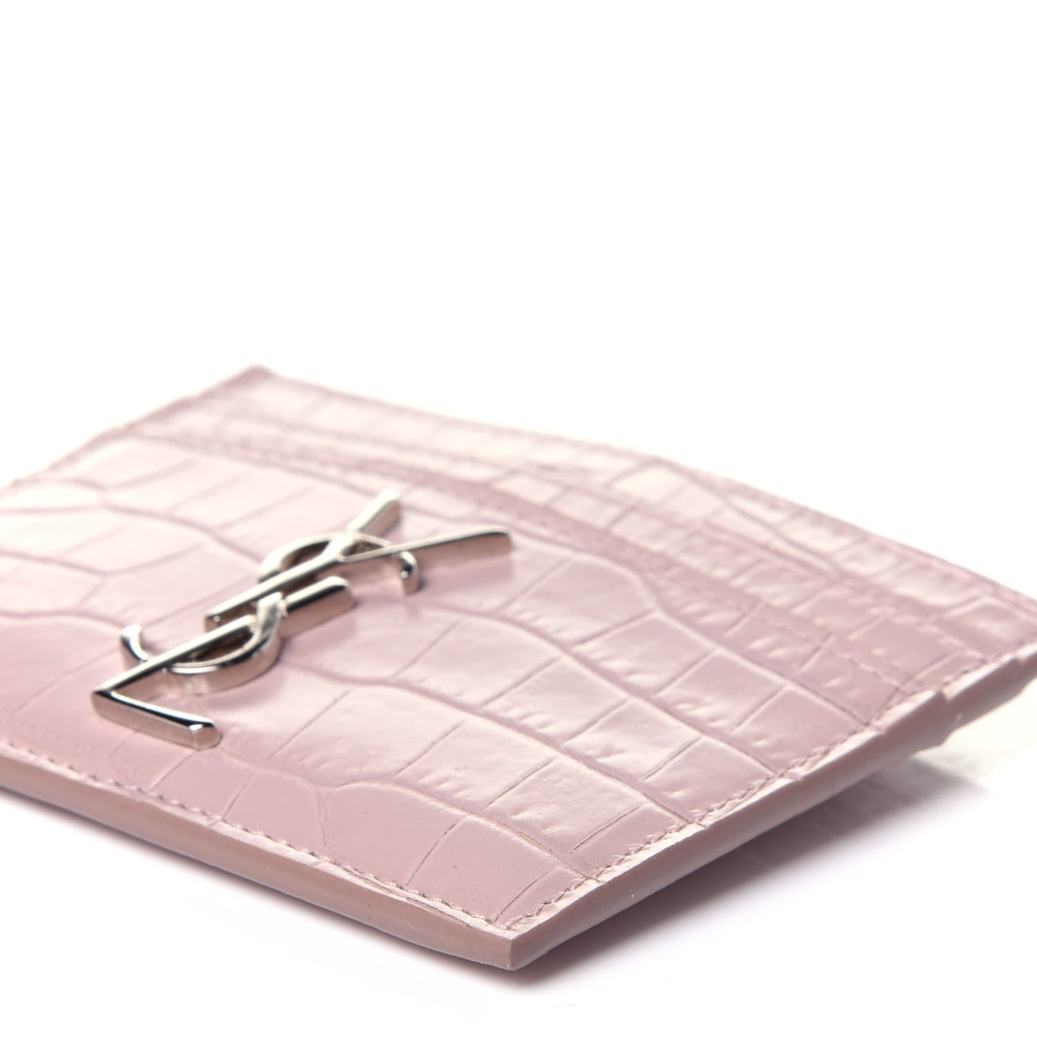 Saint Laurent Calfskin Crocodile Embossed Monogram Card Case Rose Antic 9 of 10