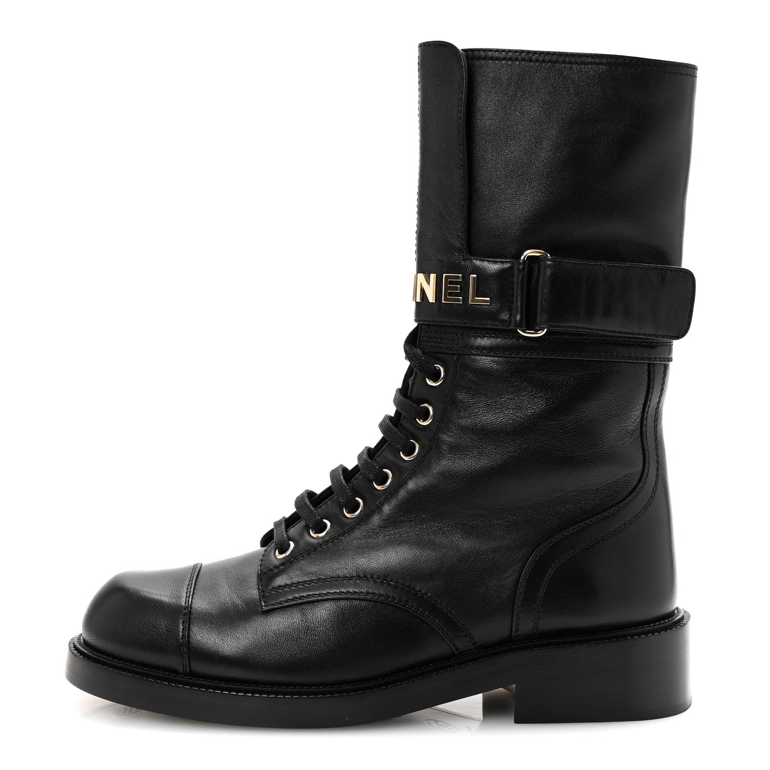Chanel Lambskin Calfskin Lace Up Combat Boots 39 Black 1 of 9