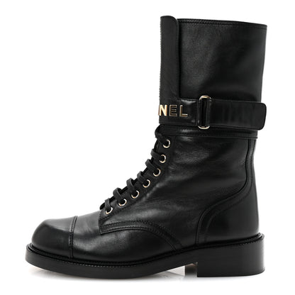 Chanel Lambskin Calfskin Lace Up Combat Boots 39 Black 1 of 9