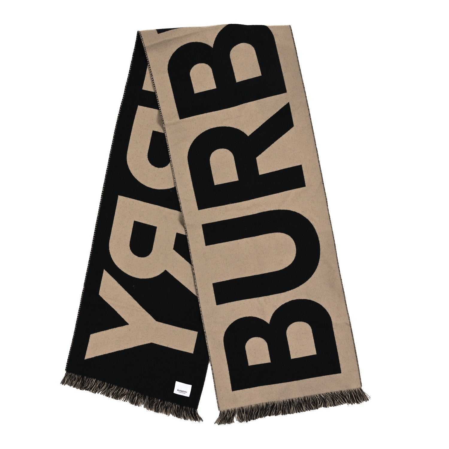 Burberry Cashmere Wool Bi-Color Logo Fringe Scarf Archive Beige 2 of 3