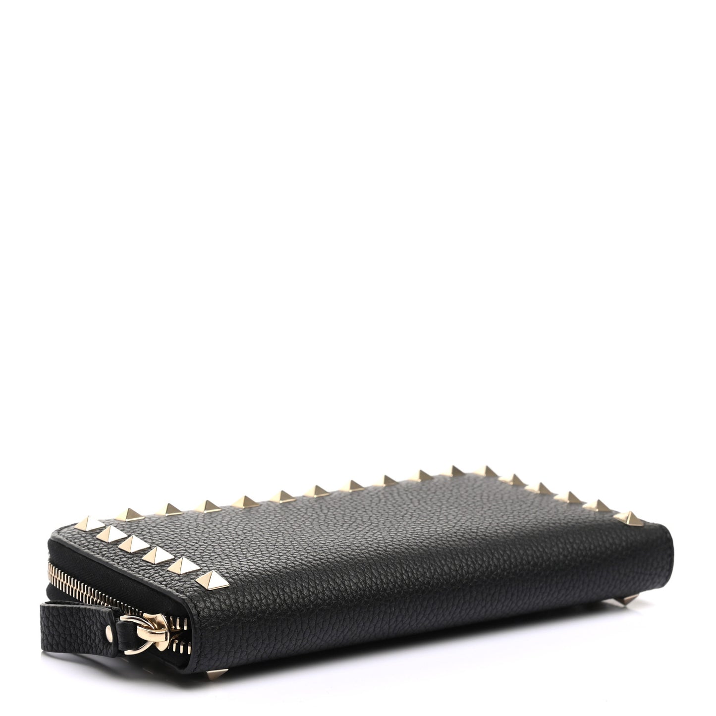 Pebbled Calfskin Rockstud Zip Around Wallet Black