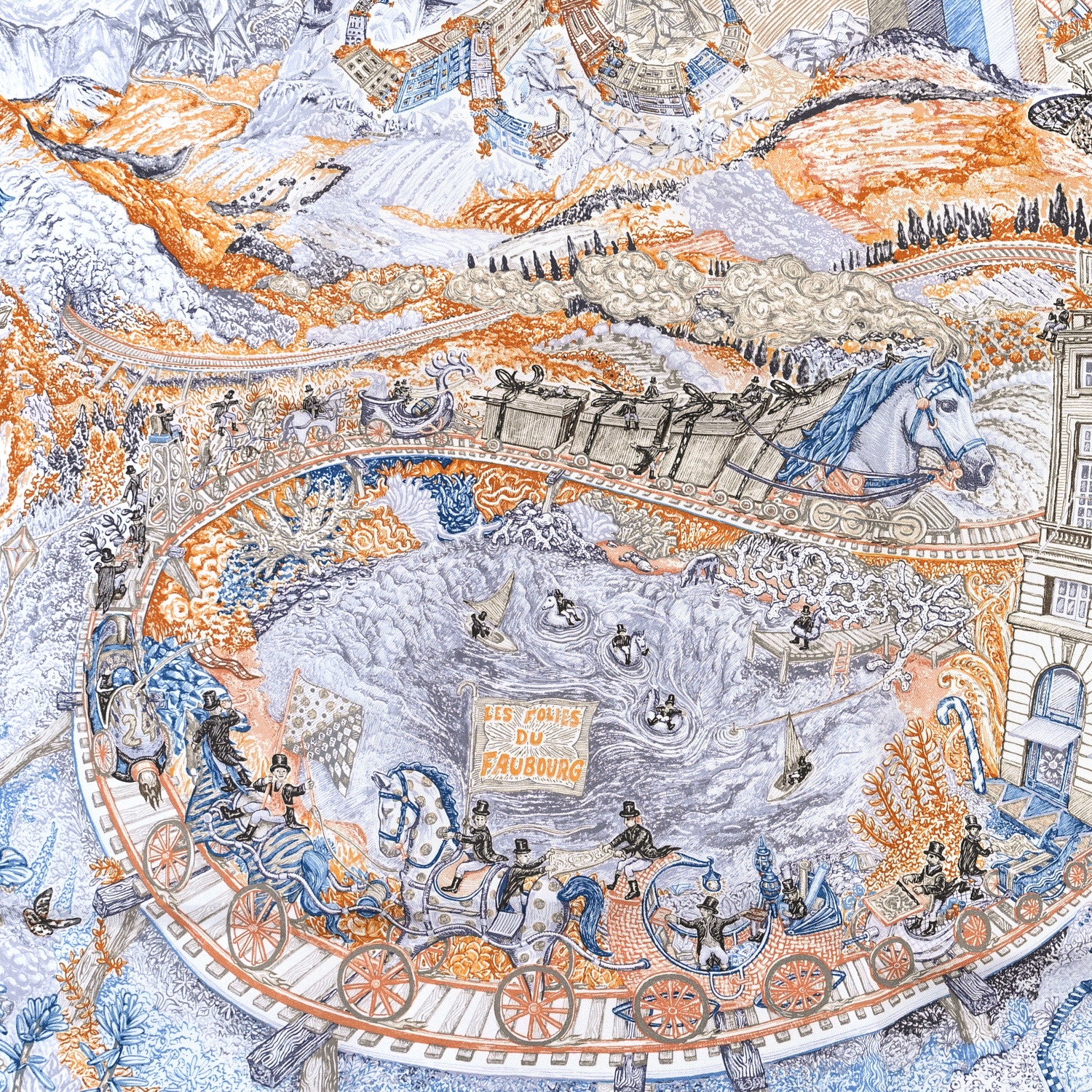 Hermes Silk Les Folies Du Faubourg Scarf 90 Bleu Jean Anthracite