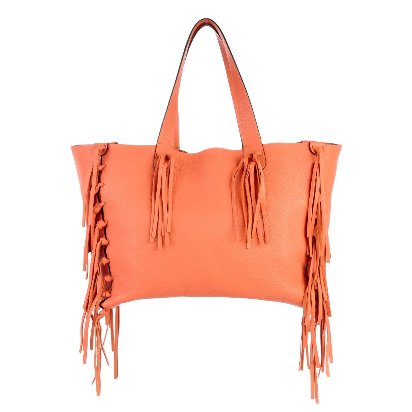 Grained Calfskin C-Rockee Fringe Tote Coral