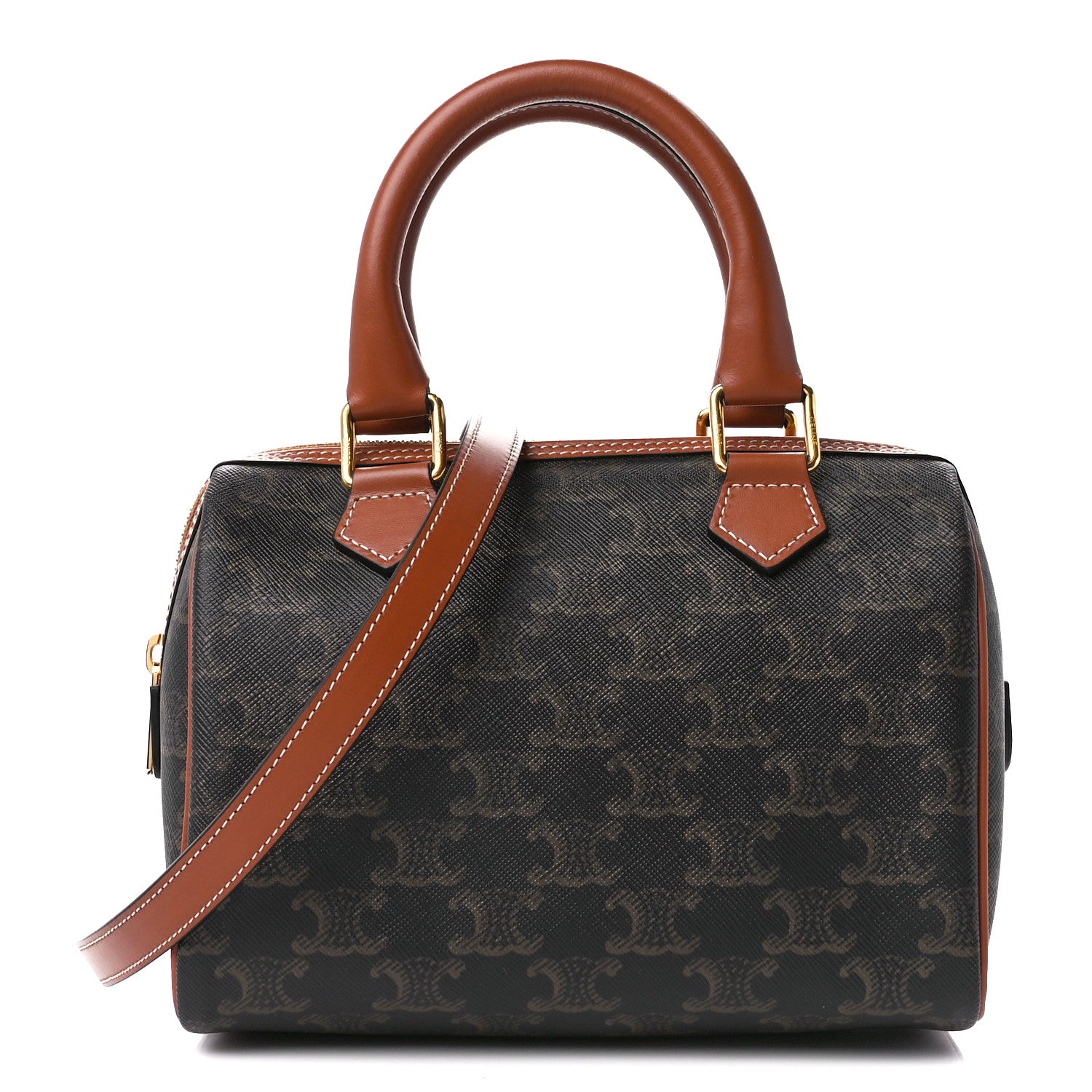 Celine Triomphe Canvas Calfskin Small Boston Bag Tan 1 of 12