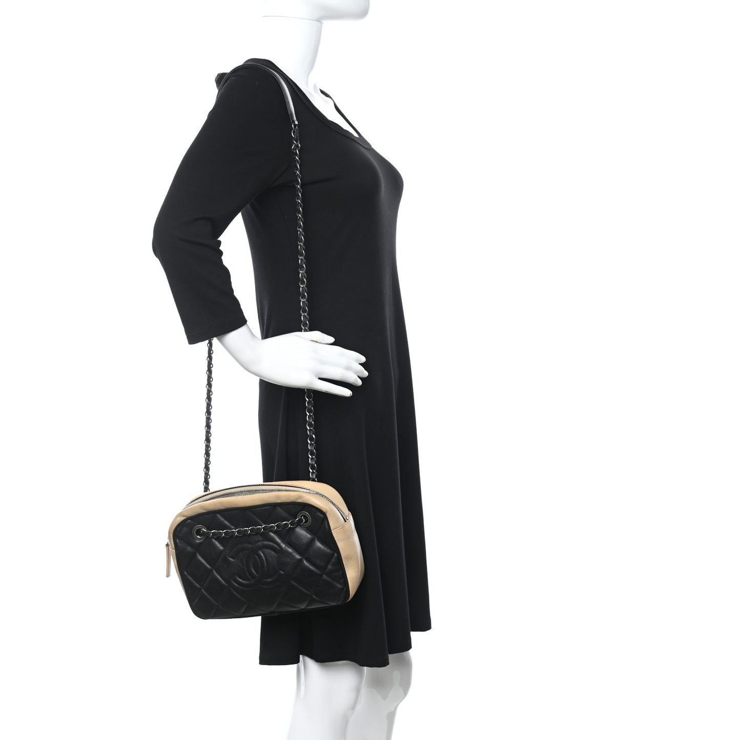 Calfskin Quilted Small Ballerine Camera Case Black Beige