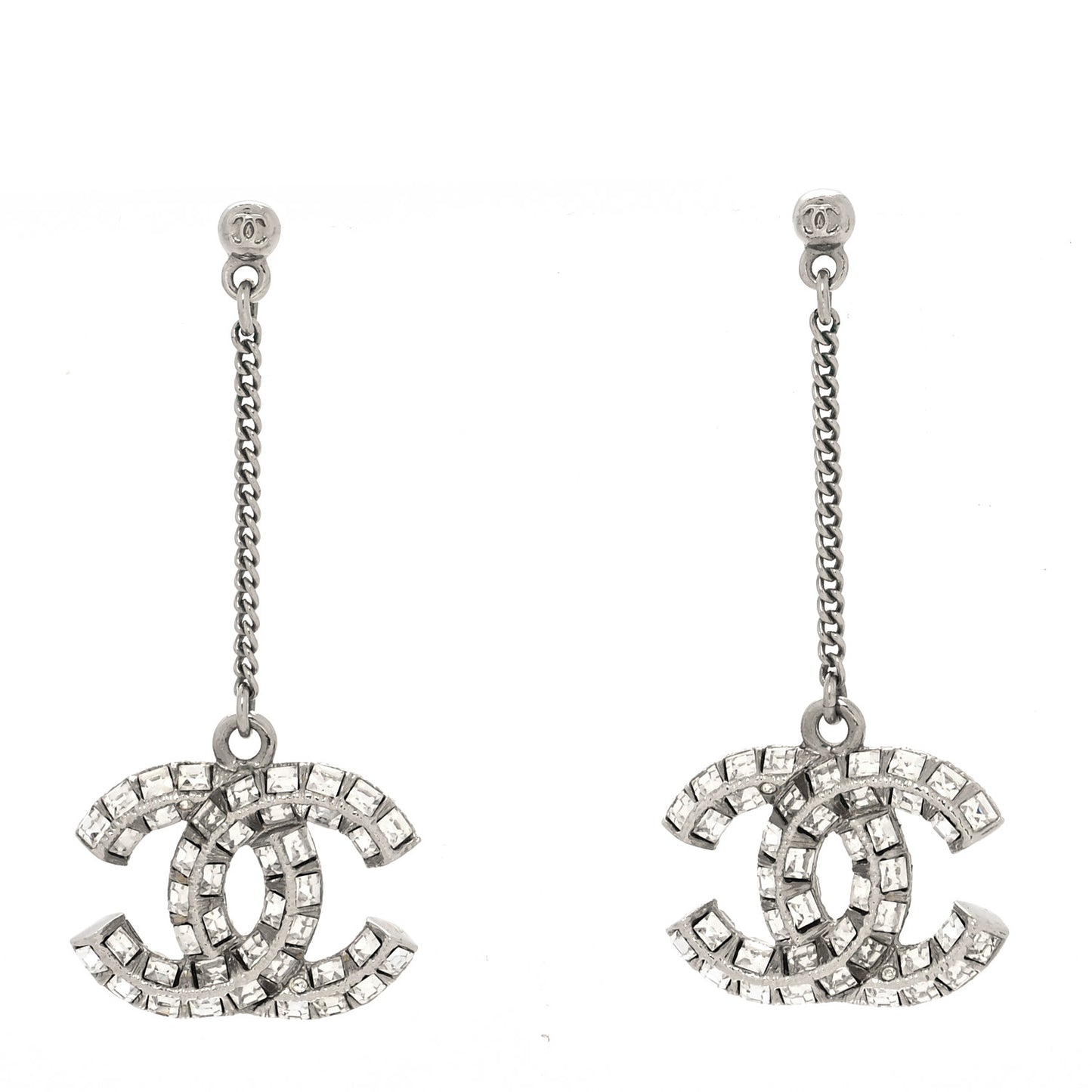 Baguette Crystal CC Drop Earrings Silver