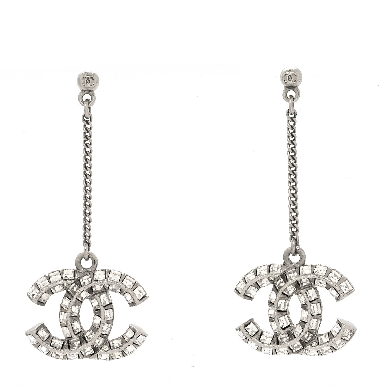 Chanel Baguette Crystal CC Drop Earrings Silver 1 of 3