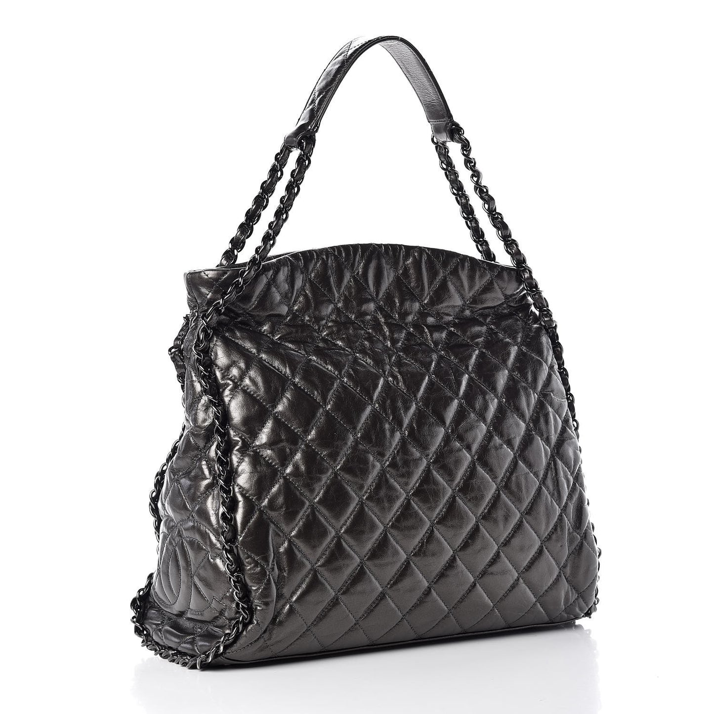 Metallic Calfskin Quilted Large Chain Me Hobo Dark Grey