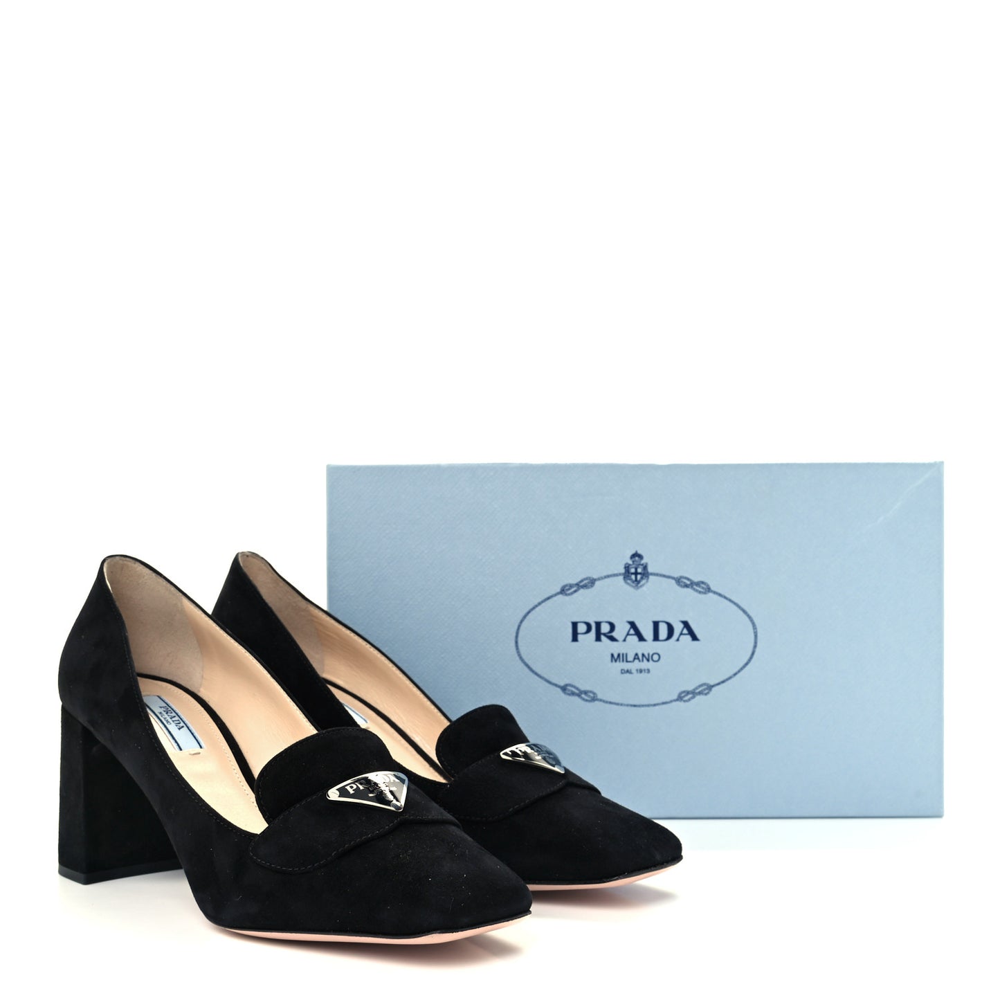 Camoscio Metal Triangle Logo Block Heel 70mm Loafer Pumps 39.5 Black