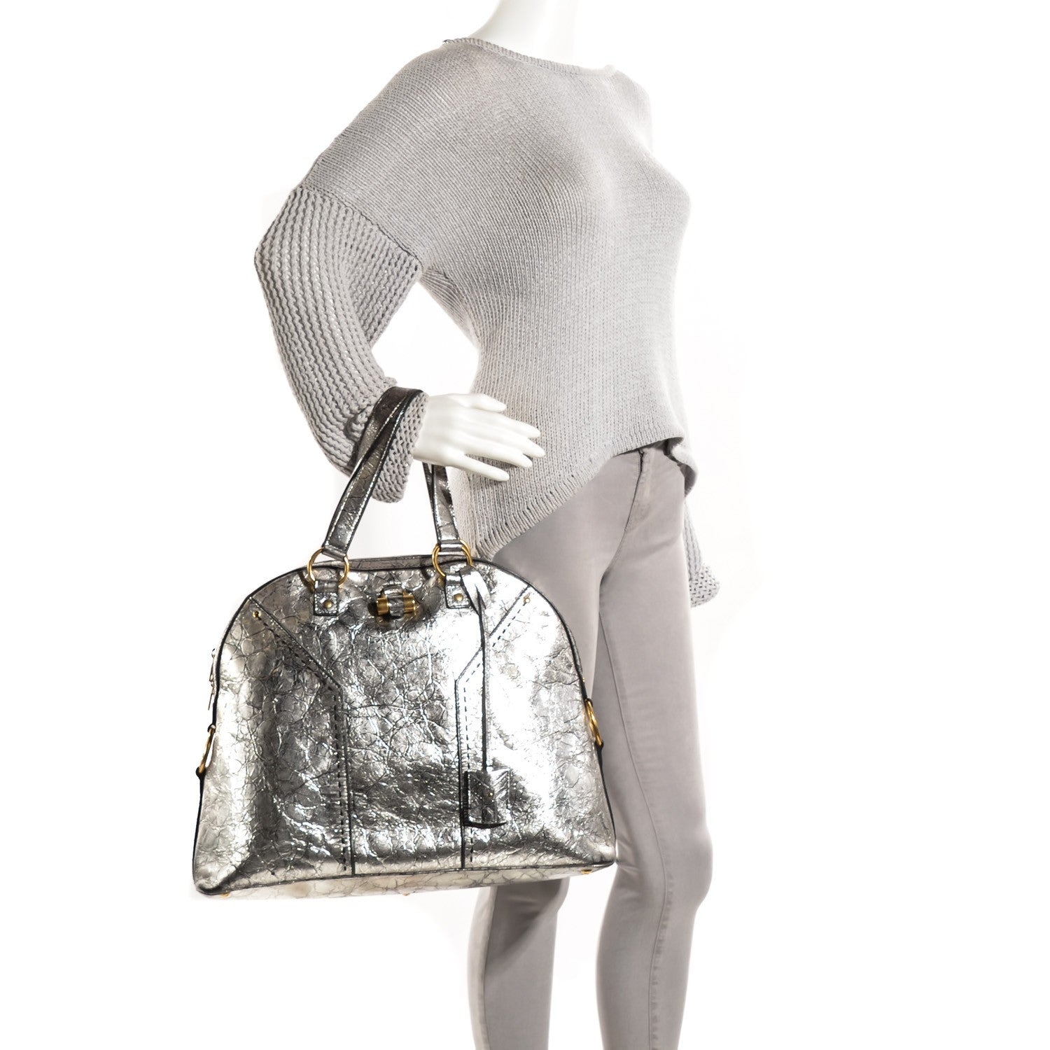Saint Laurent Crackled Calfskin Oversized Muse Silver 2 of 8