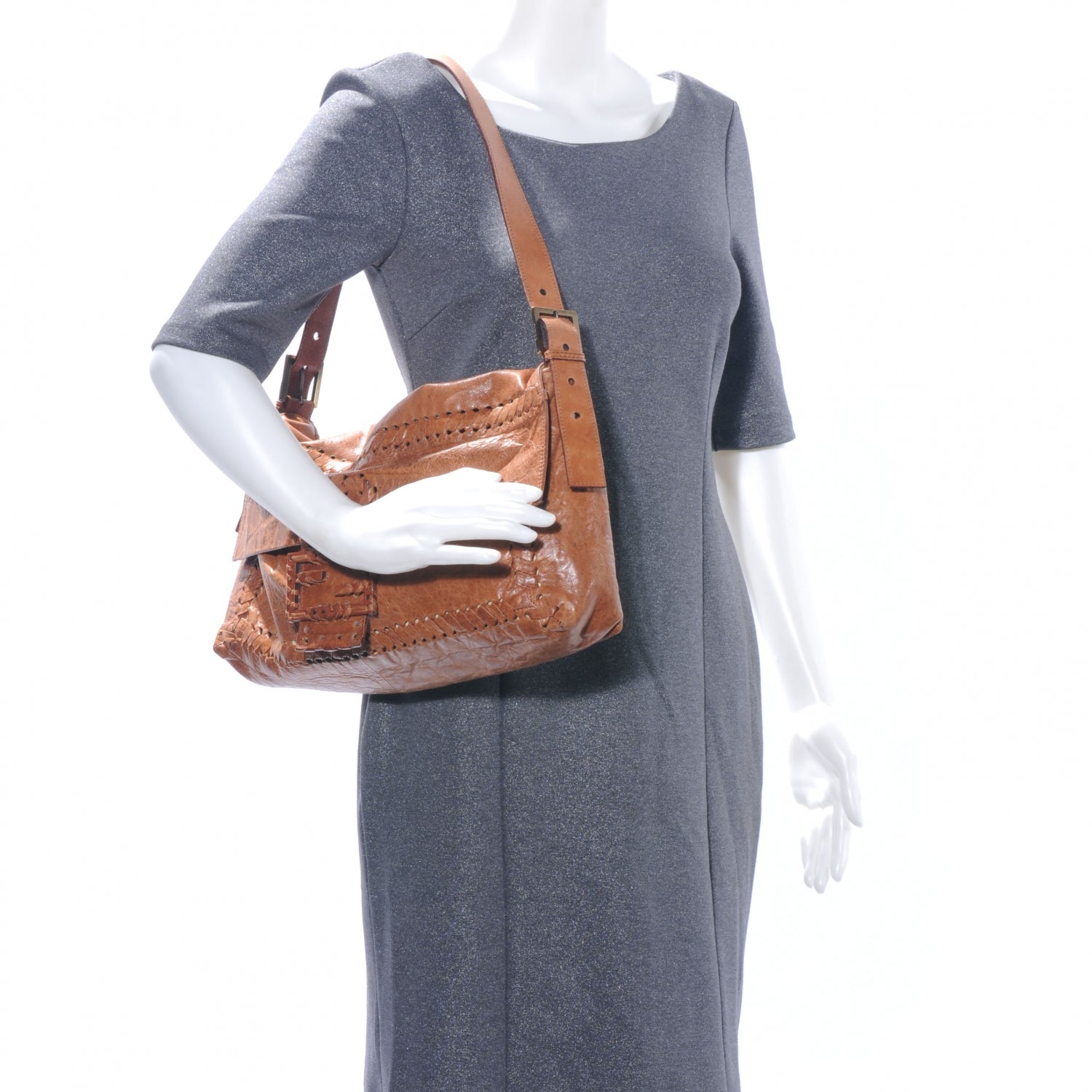 Fendi Goatskin Whipstitch Large Convertible Baguette Camel 2 of 9