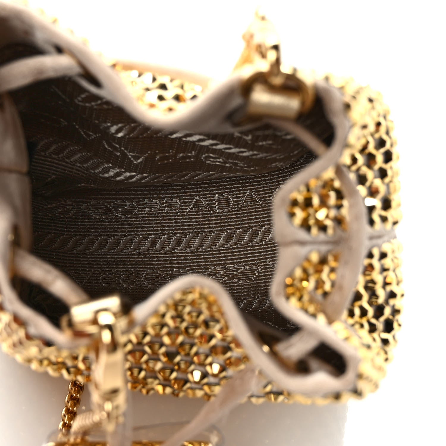 Prada Satin Crystal Metal Triangle Logo Mini Drawcord Pouch Shoulder Bag Platino 5 of 9