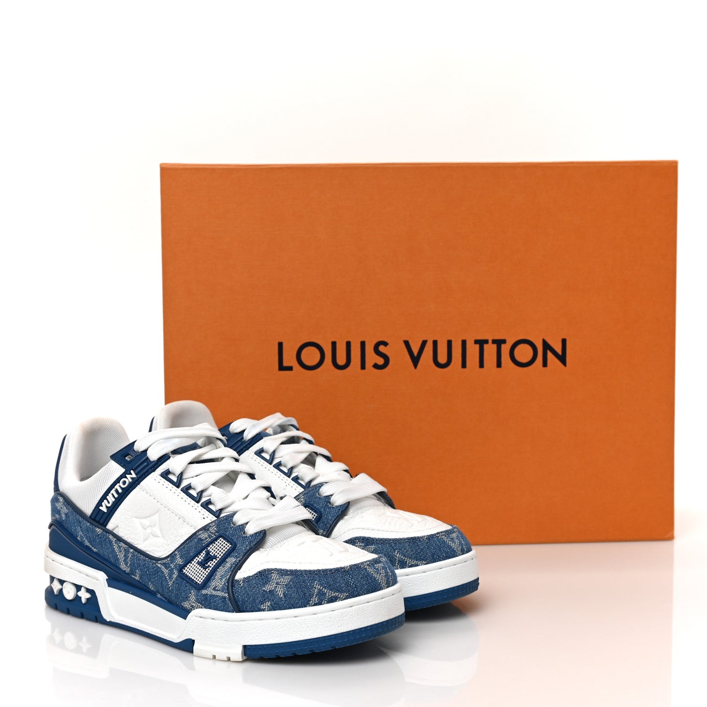 Calfskin Embossed Monogram Denim Womens LV Trainer Sneakers 36.5 Blue