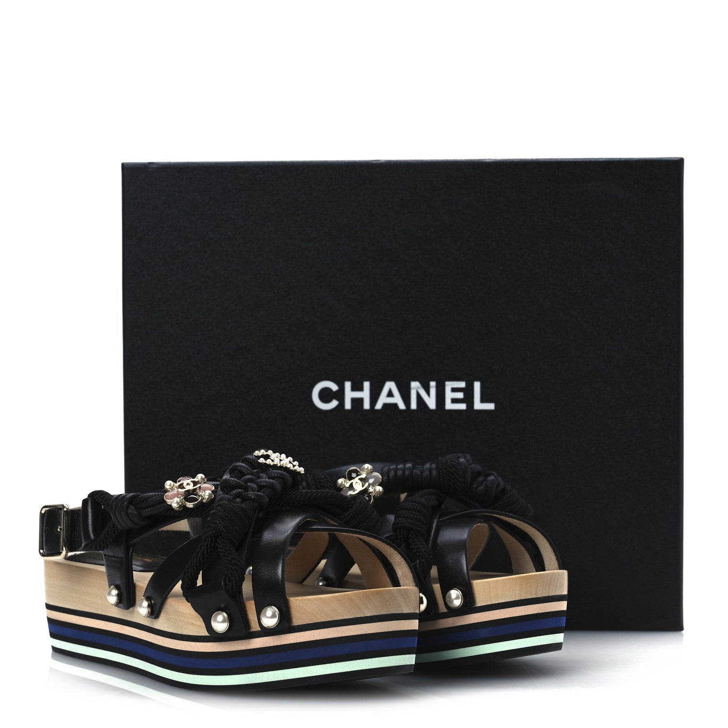 Chanel Calfskin Cord Pearl CC Sandals 38 Black 11 of 11