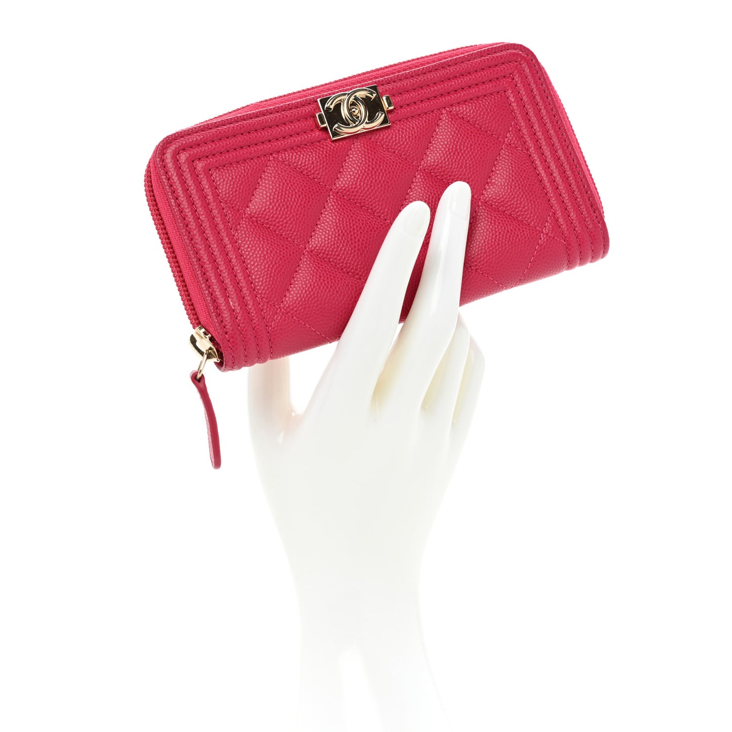 Caviar Quilted Small Boy Zip Around Wallet Fuchsia