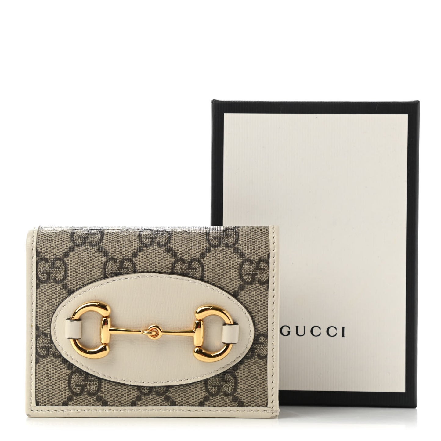 GG Supreme Monogram Azalea Calfskin Horsebit 1955 Card Case Wallet Beige Ebony Mystic White