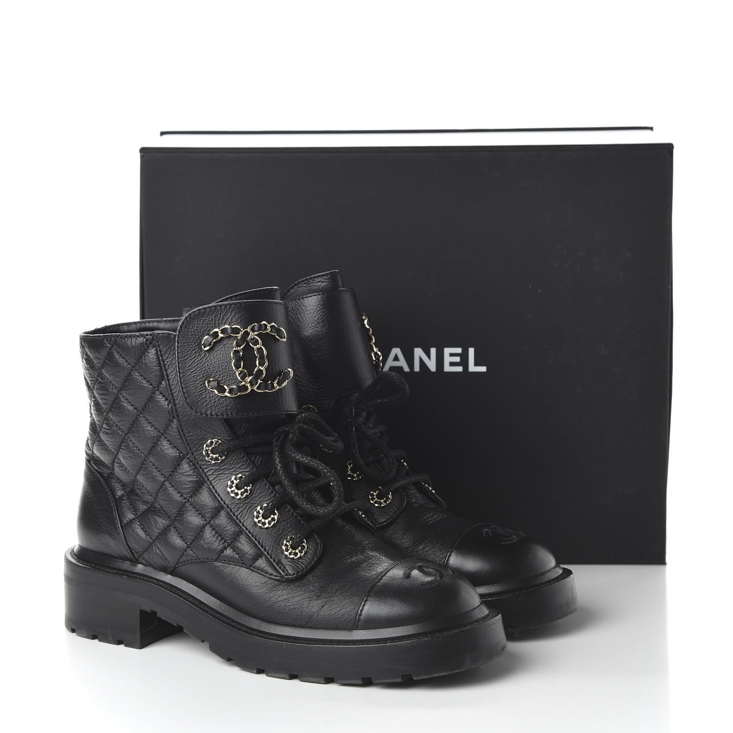 Chanel Shiny Goatskin Calfskin Quilted Lace Up Combat Boots 38 Black 9 of 9