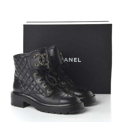 Chanel Shiny Goatskin Calfskin Quilted Lace Up Combat Boots 38 Black 9 of 9
