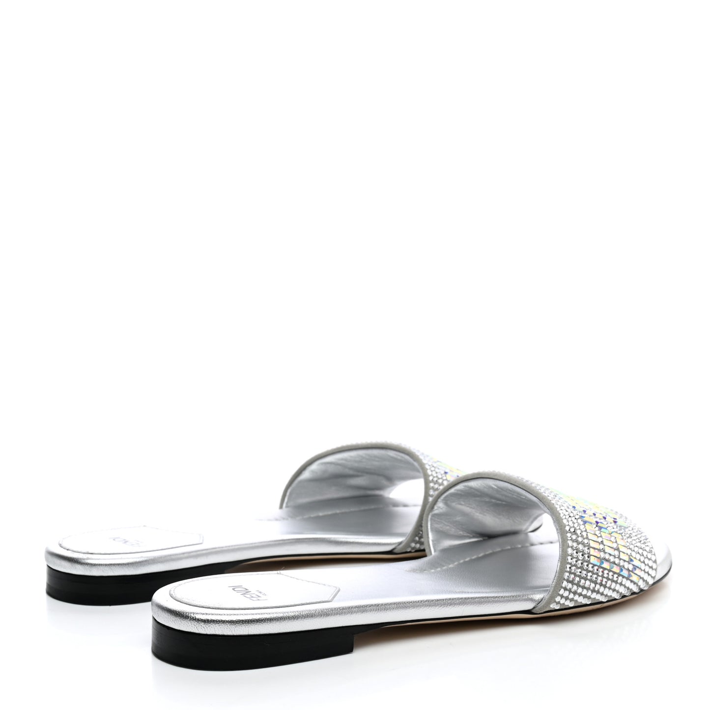 Laminated Goatskin Baguette Crystal Embroidered Signature Flat Slide Sandals 39 Silver