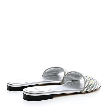 Fendi Laminated Goatskin Baguette Crystal Embroidered Signature Flat Slide Sandals 39 Silver 4 of 11