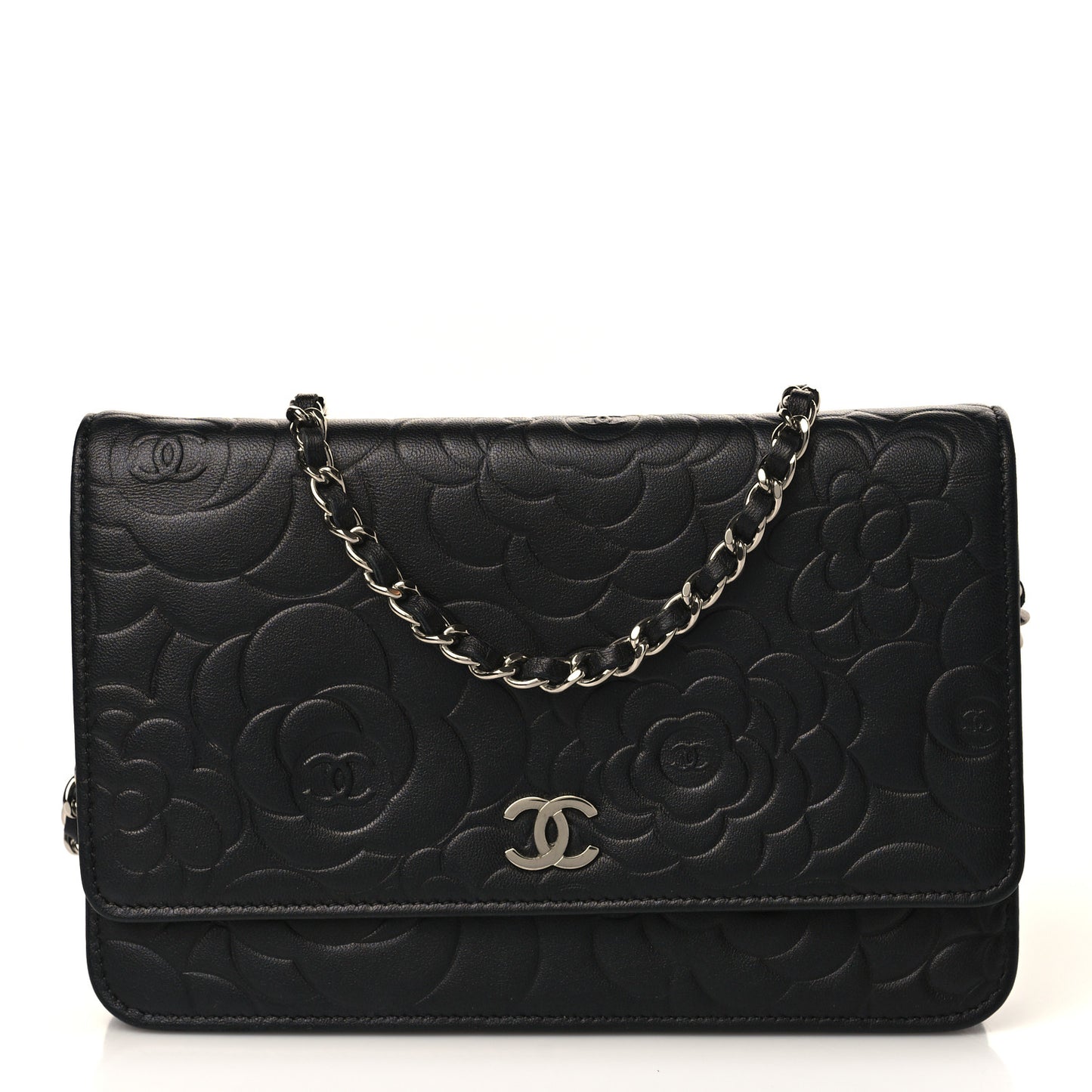 Lambskin Camellia Embossed Wallet on Chain WOC Black