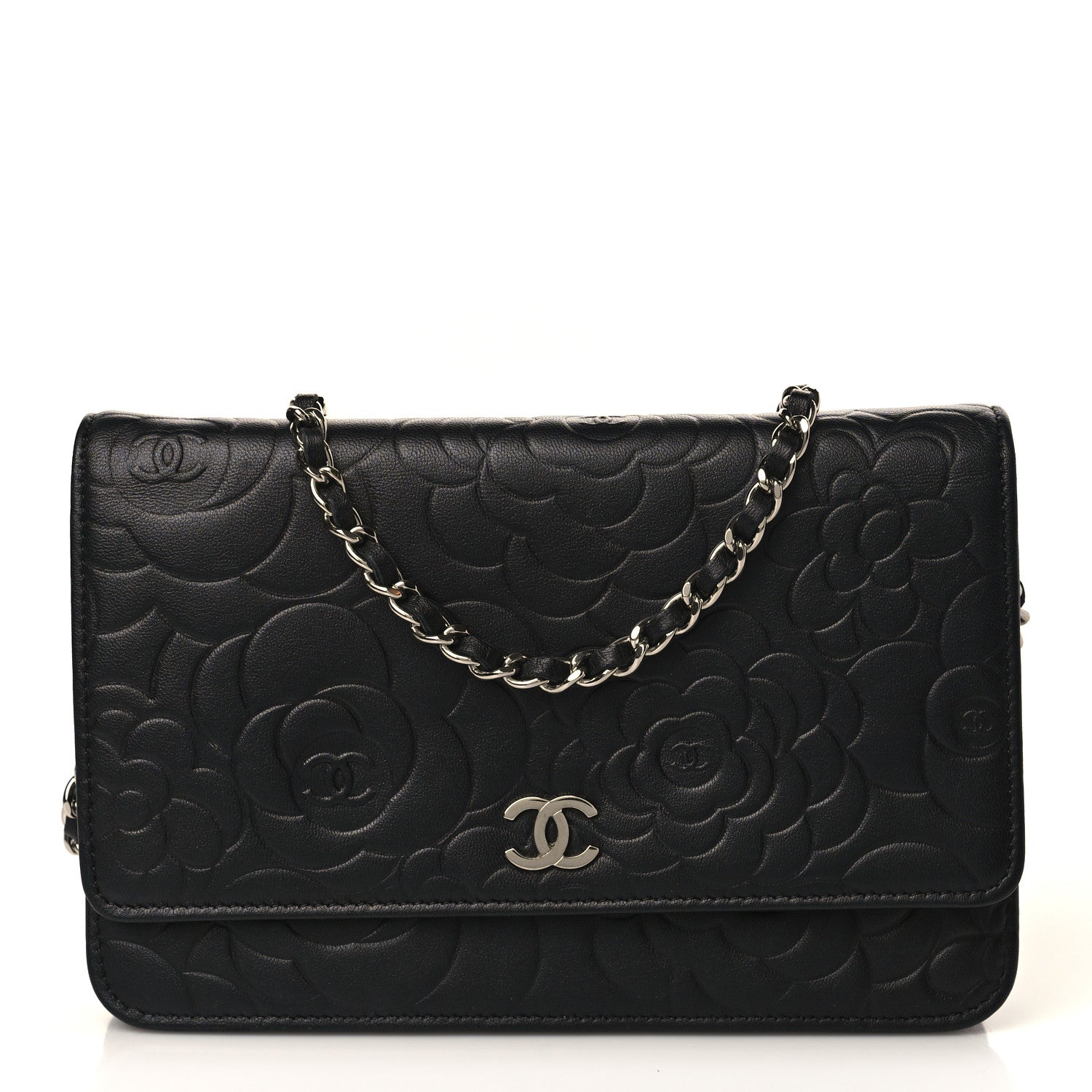 Chanel Lambskin Camellia Embossed Wallet on Chain WOC Black 1 of 10